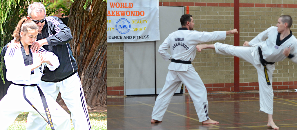 The image is a photograph divided into two distinct sections, each capturing a different scene related to World Taekwondo Training.
In the left section, a young woman (Zahra Court ) with brown hair tied back in a ponytail is doing elbowing an older man (David Earle). The woman is wearing a white World Taekwondo uniform with black trim and a black belt, and she is in a hore riding stance with her arms performing the elbow strike at David's lower abdoman. David, is wearing a black jacket, and he is attacking Zahra from behind with a grab across her shoulders from behind. Both individuals are standing on a grassy area with a large tree in the background, in an outdoor setting. In the right section, two World Taekwondo pratictioners are engaged in one step sparring sparring match. The man on the left is wearing a white uniform with black trim and a black belt, and he is executing a punch with his right arm. The man on the right (Nick Ratsch)is also wearing a white uniform with black trim and a black belt, and he is in a defensive stance with his right leg raised, executing a kick from the side to the other man's ribs. The background features a brick wall with a banner that reads WORLD TAEKWONDO in orange text, indicating an indoor setting at a training facility. The floor is polished wood with white lines marking the boundaries.